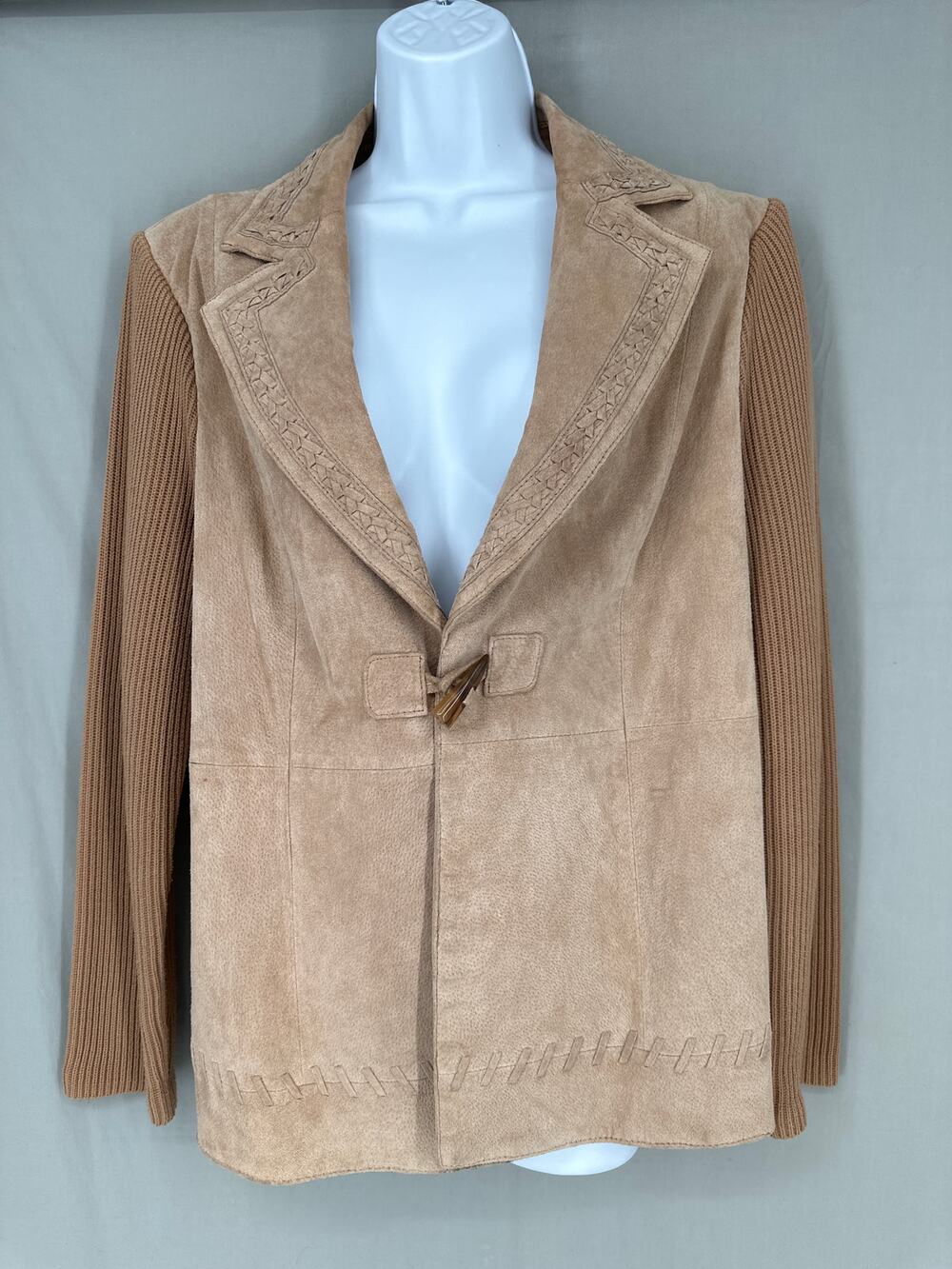 90s Vintage Jackets Womens Medium Tan Suede Leather Knit Braided Western Toggle
